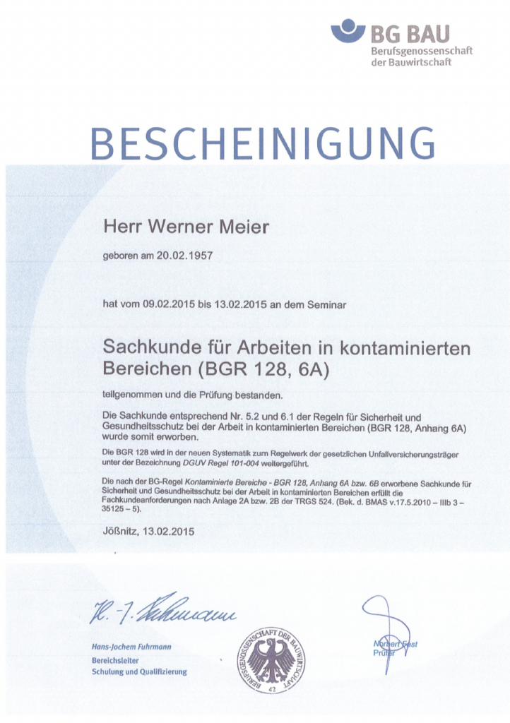 Sachkunde Gebäudeschadstoffe nach TRGS 524 Anlage 2A+B