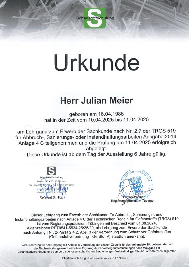 Sachkunde Asbest nach TRGS 519 Anlage 4C